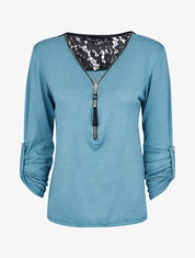 Pull à col zippé et à épaules dentelle - Bleu clair - 4