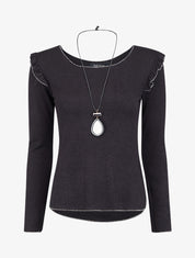 Pull fin à épaules volantées et à liserés lamés - Noir - 1