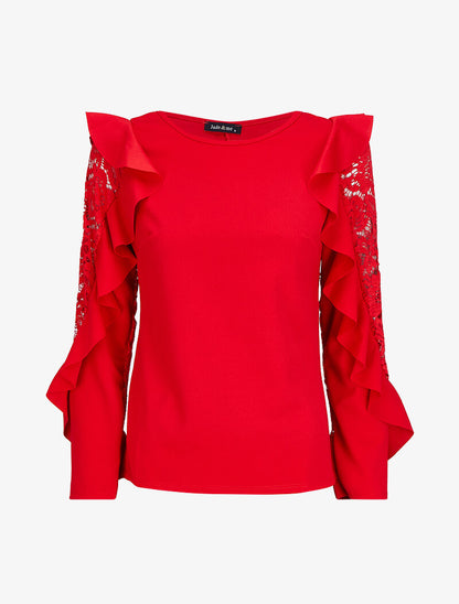 Top volanté à manches en dentelle - Rouge - 1