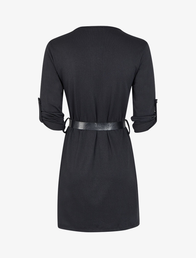 Robe à col V zippé et manches longues retroussables - Noir - 2