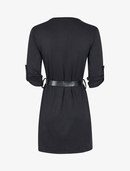 Robe à col V zippé et manches longues retroussables - Noir - 2