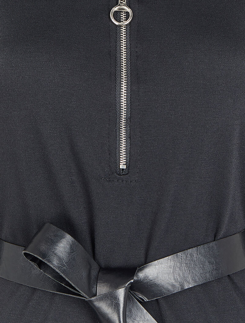 Robe à col V zippé et manches longues retroussables - Noir - 3