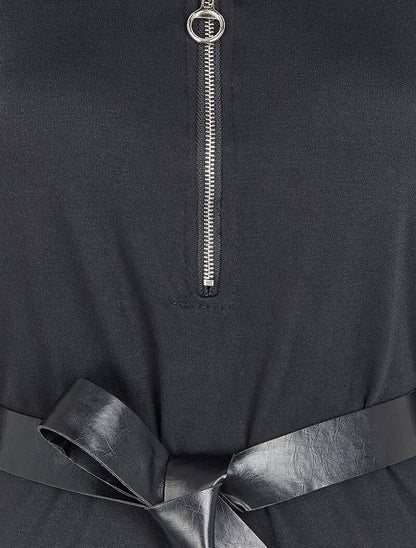 Robe à col V zippé et manches longues retroussables - Noir - 3