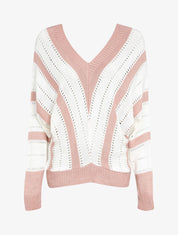 Pull col V à rayures en maille ajourée - Rose - 4