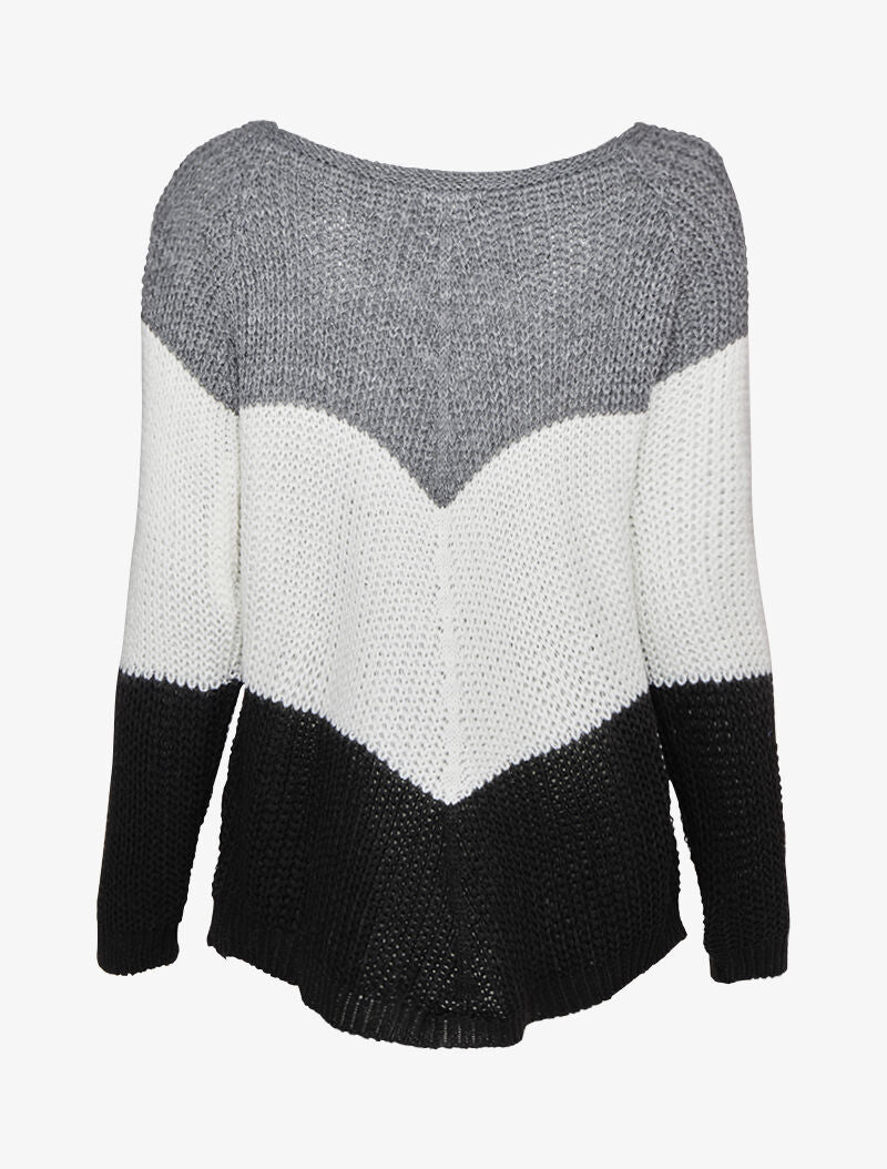 Pull en maille épaisse à motif en V tricolore - Noir - 2
