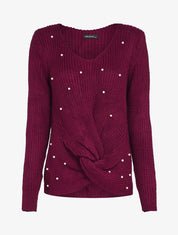 Pull torsadé à détails perles - Bordeaux - 4