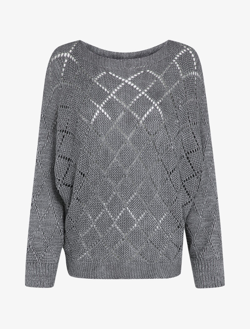 Pull oversize en maille ajourée et manches dolman - Gris foncé - 4