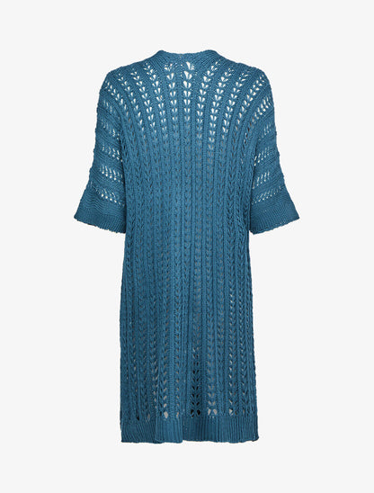 Gilet mi-long en maille ajourée à manches courtes style kimono - Bleu canard - 2