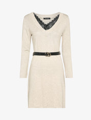 Robe pull à col V en dentelle - Beige - 4