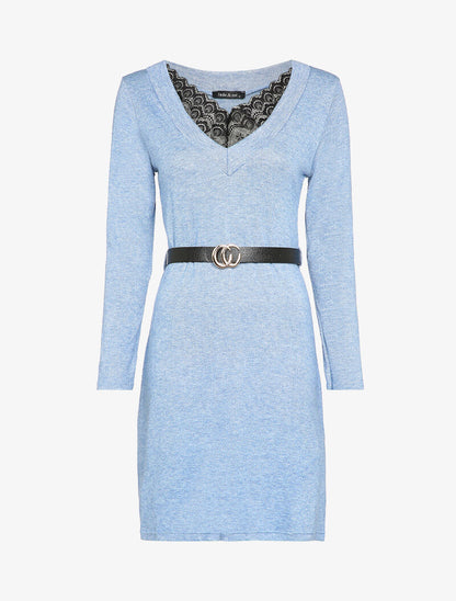 Robe pull à col V en dentelle - Bleu - 2