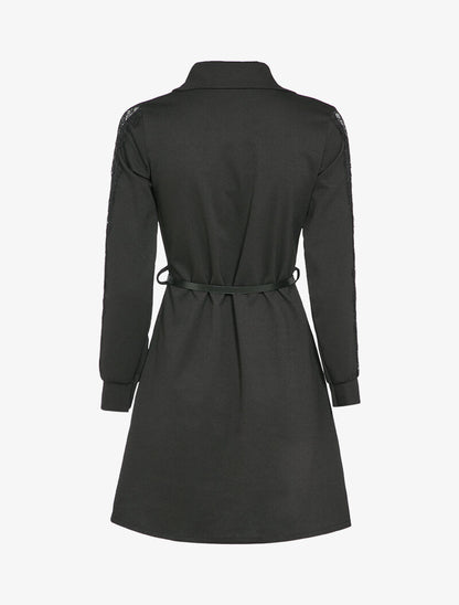 Robe chemise à manches détail dentelle - Noir - 3