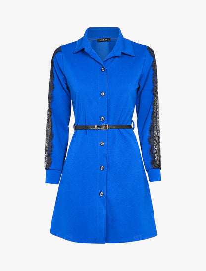 Robe chemise à manches détail dentelle - Bleu roi - 2