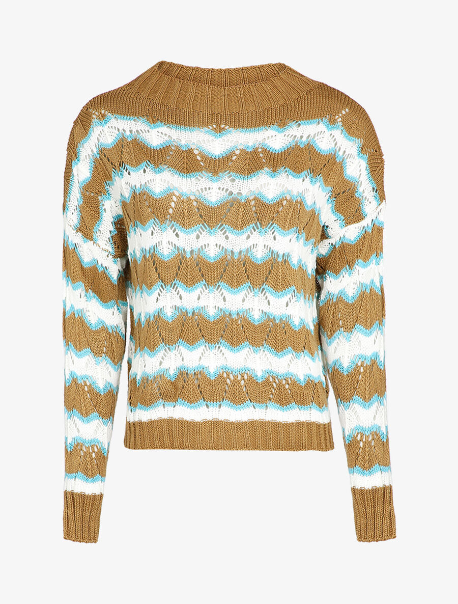Pull en maille à rayures stylisées et col montant - Camel - 1