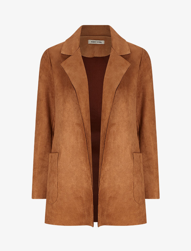 Veste ouverte mi-longue en suédine - Camel - 1