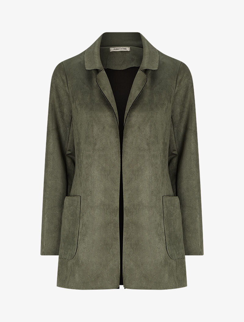 Veste ouverte mi-longue en suédine - Kaki - 4