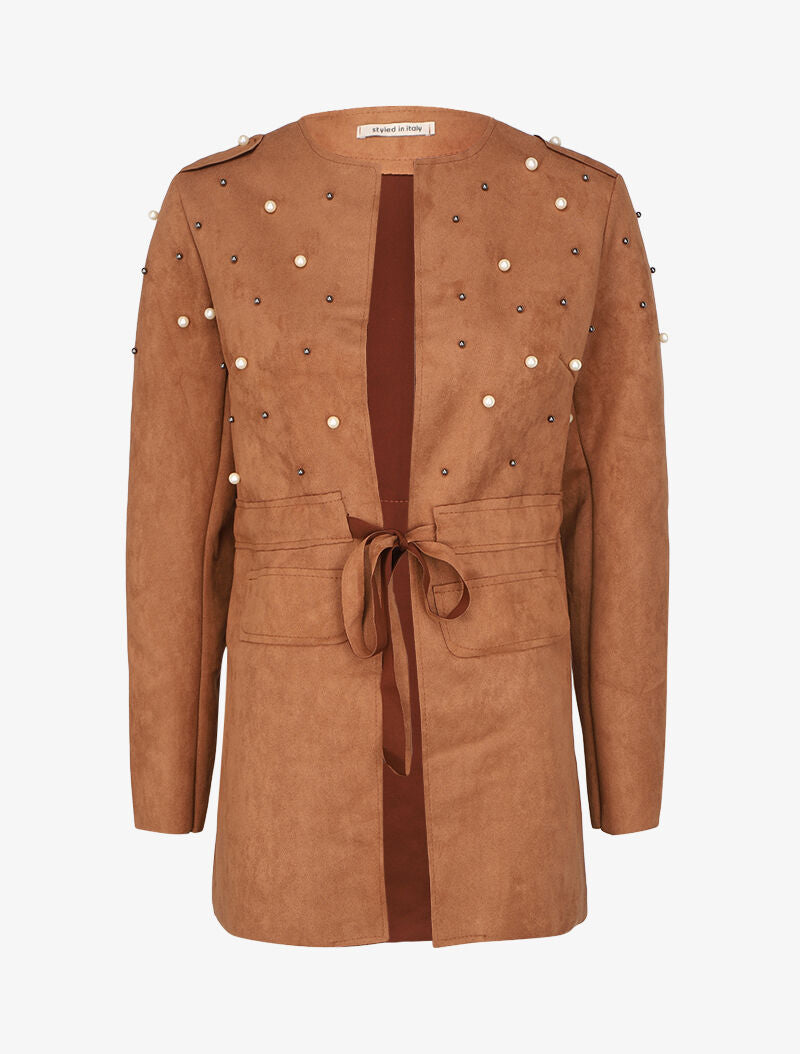 Veste en suédine à perles et liens à nouer - Camel - 1