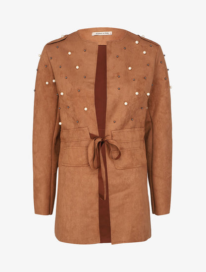 Veste en suédine à perles et liens à nouer - Camel - 1
