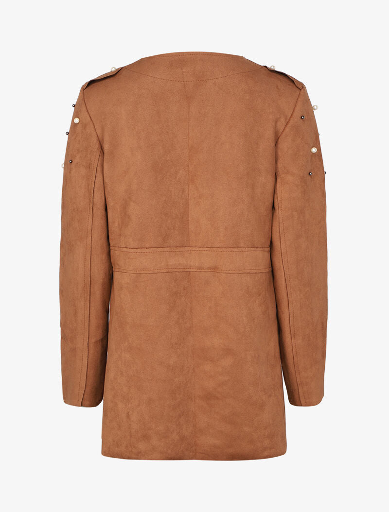 Veste en suédine à perles et liens à nouer - Camel - 2