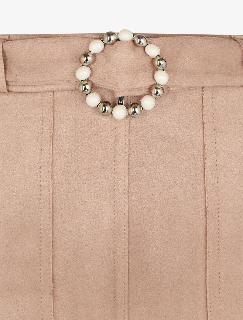 Jupe trapèze en suédine à boucle ronde stylisée - Beige - 3