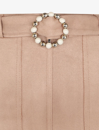 Jupe trapèze en suédine à boucle ronde stylisée - Beige - 3