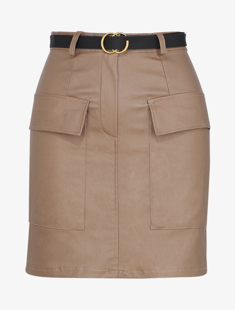 Mini jupe enduit à poches plaquées - Beige - 1