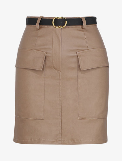 Mini jupe enduit à poches plaquées - Beige - 1