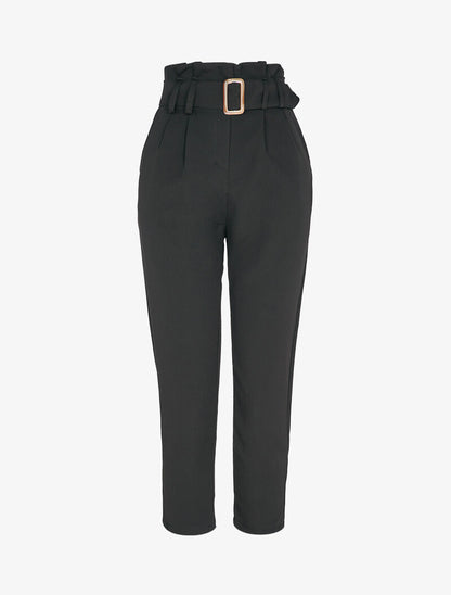 Pantalon carotte 7/8 à taille empire froncée - Noir - 1