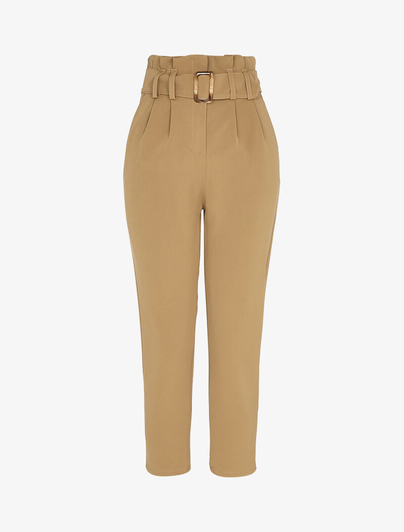 Pantalon carotte 7/8 à taille empire froncée - Camel - 1