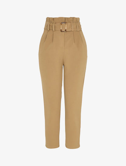 Pantalon carotte 7/8 à taille empire froncée - Camel - 1