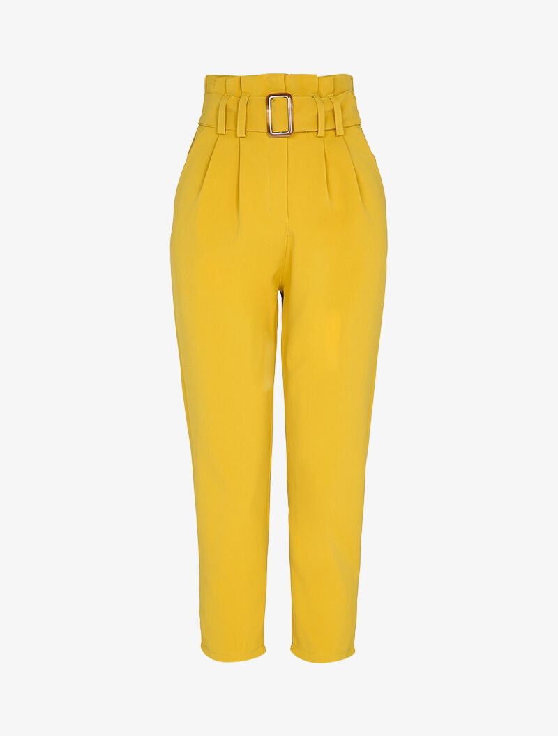 Pantalon carotte 7/8 à taille empire froncée - Moutarde - 1