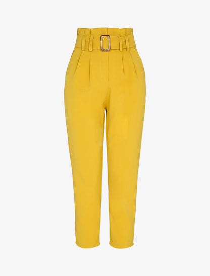 Pantalon carotte 7/8 à taille empire froncée - Moutarde - 1