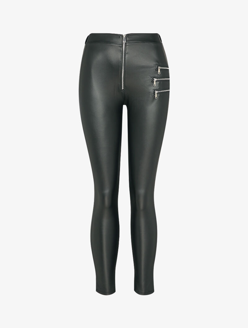 Pantalon slim en simili à triple zips décoratifs - Noir - 3
