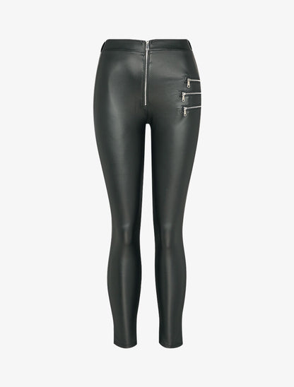 Pantalon slim en simili à triple zips décoratifs - Noir - 3