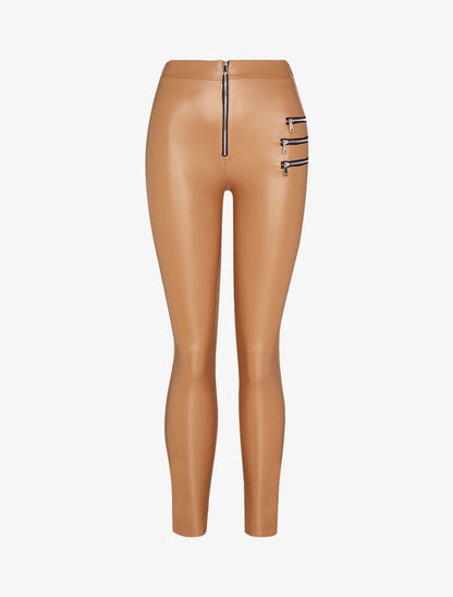 Pantalon slim en simili à triple zips décoratifs - Camel - 3