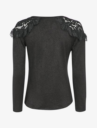 Pull fin à épaules en dentelle volantées - Noir - 2