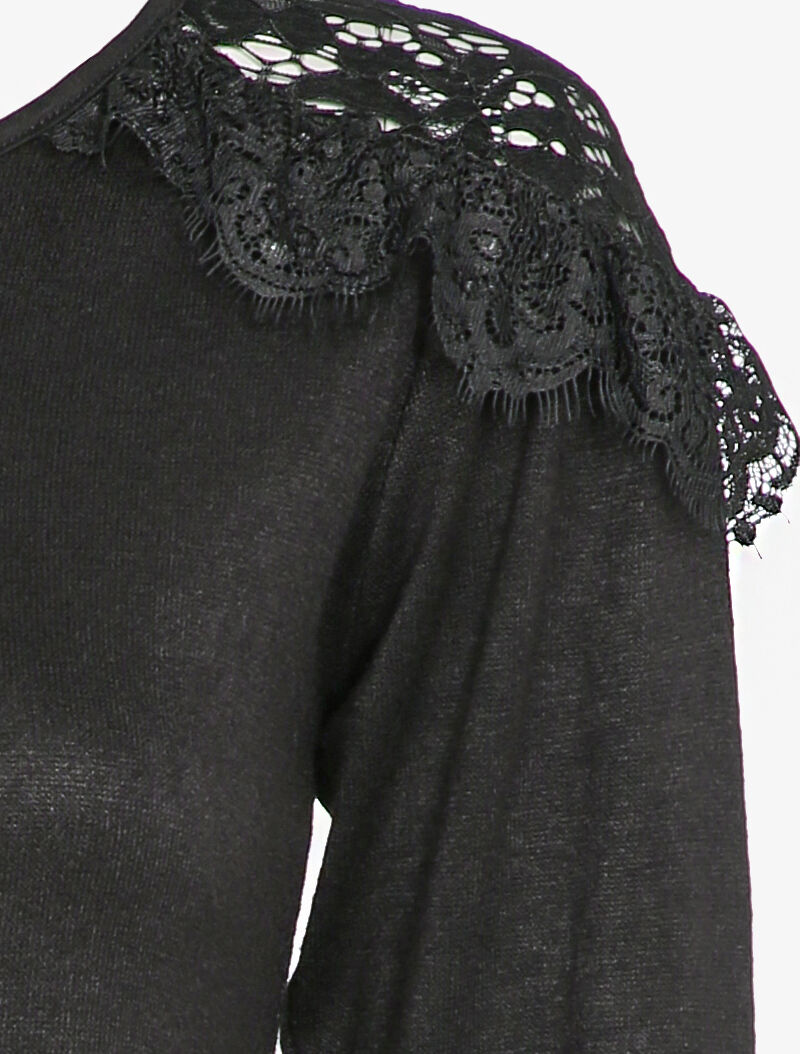 Pull fin à épaules en dentelle volantées - Noir - 3