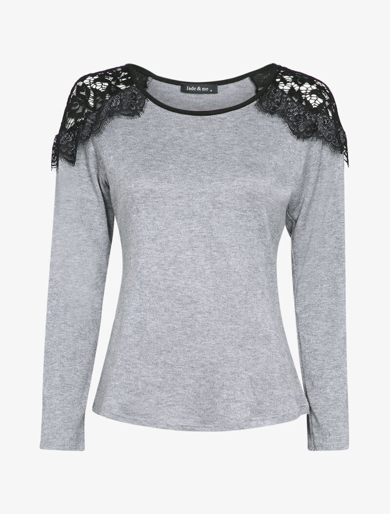 Pull fin à épaules en dentelle volantées - Gris chiné - 2