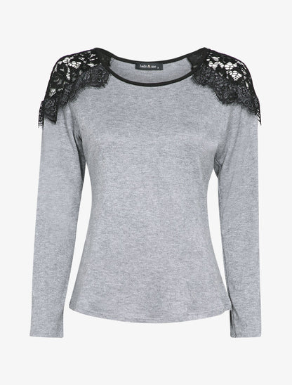 Pull fin à épaules en dentelle volantées - Gris chiné - 2