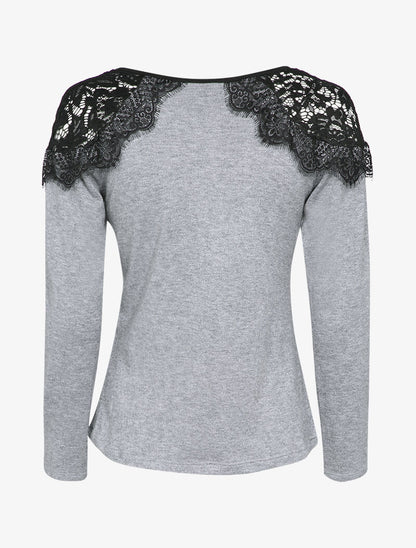 Pull fin à épaules en dentelle volantées - Gris chiné - 3