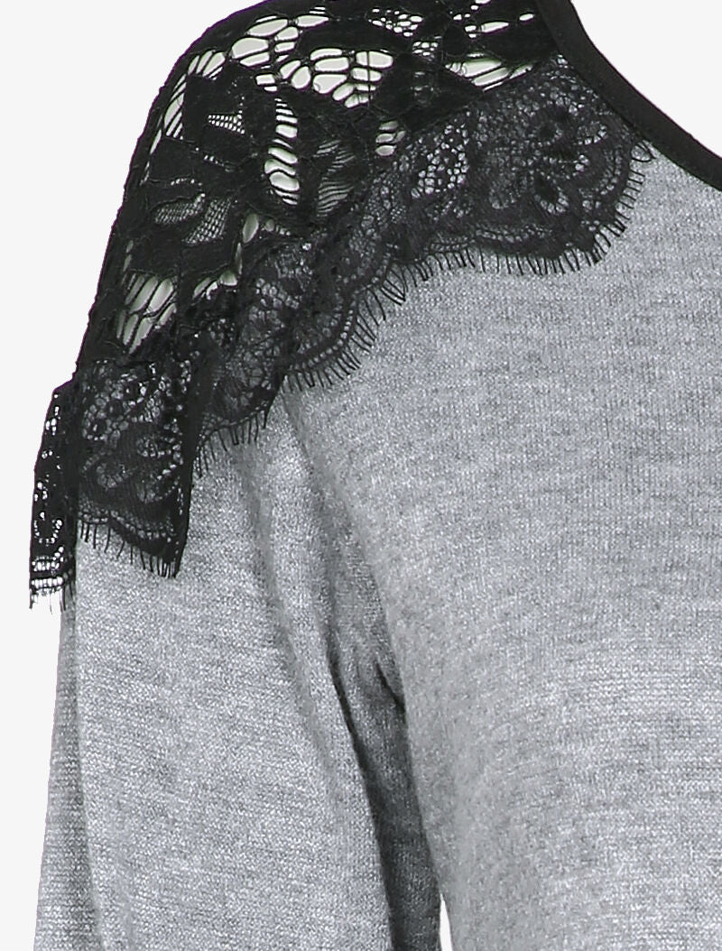 Pull fin à épaules en dentelle volantées - Gris chiné - 4