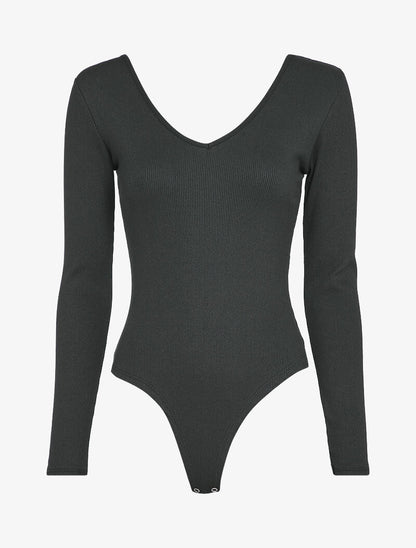 Body côtelé à col et dos en V - Noir - 4
