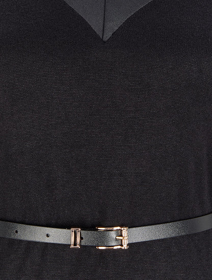 Robe pull à col V satiné - Noir - 3