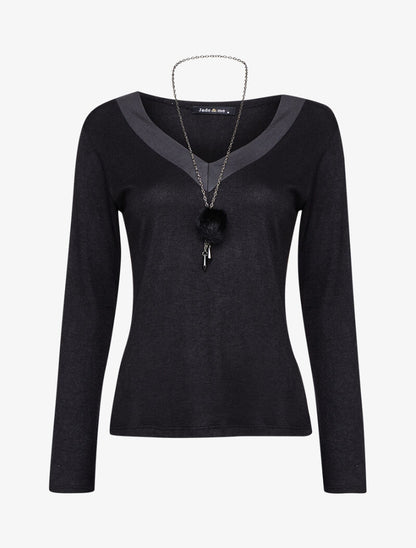 Pull doux à col V soyeux - Noir - 4
