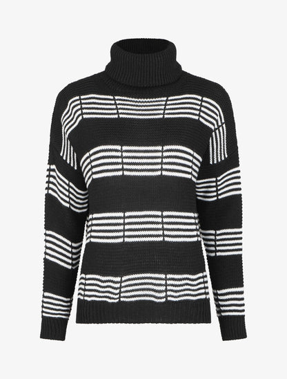 Pull à col roulé et rayures stylisées - Noir - 4