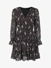 Robe volantée à col à lacets et imprimé cachemire - Noir - 1