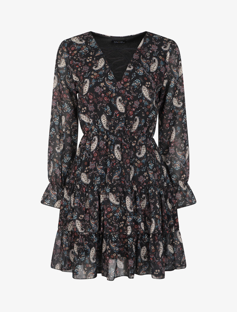 Robe volantée à col à lacets et imprimé cachemire - Noir - 1