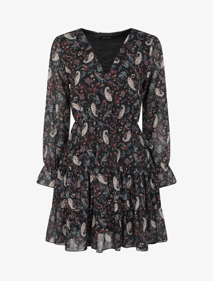 Robe volantée à col à lacets et imprimé cachemire - Noir - 1