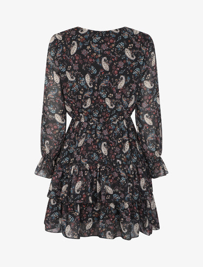 Robe volantée à col à lacets et imprimé cachemire - Noir - 2