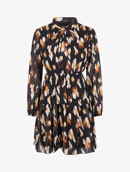 Robe à col lavallière et imprimé léopard stylisé - Noir - 1