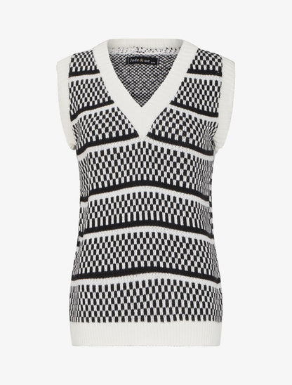 Pull sans manches à motifs damier - Blanc/noir - 1